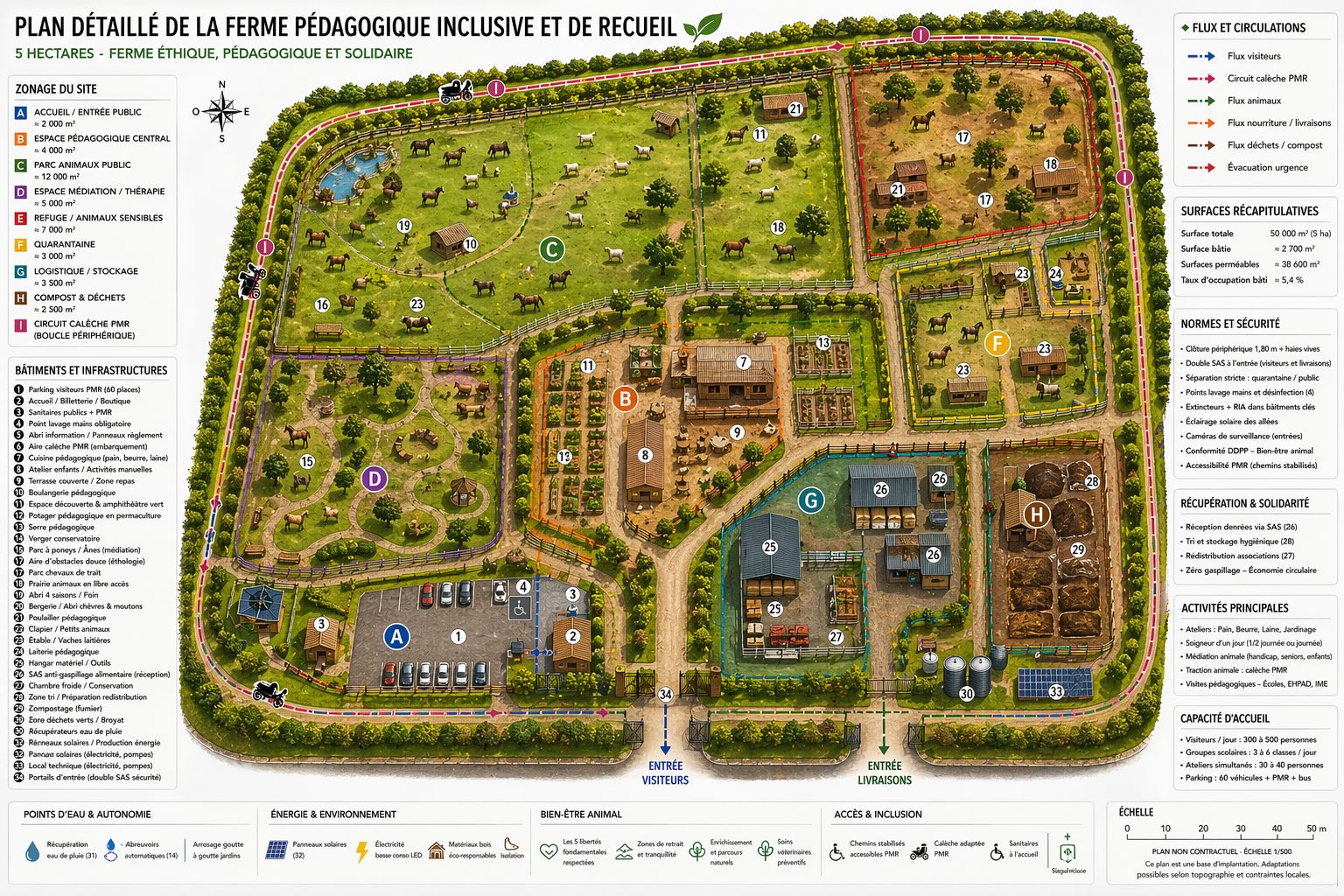 Schéma du plan : bâtiments d'accueil, pâturages et zones pédagogiques
